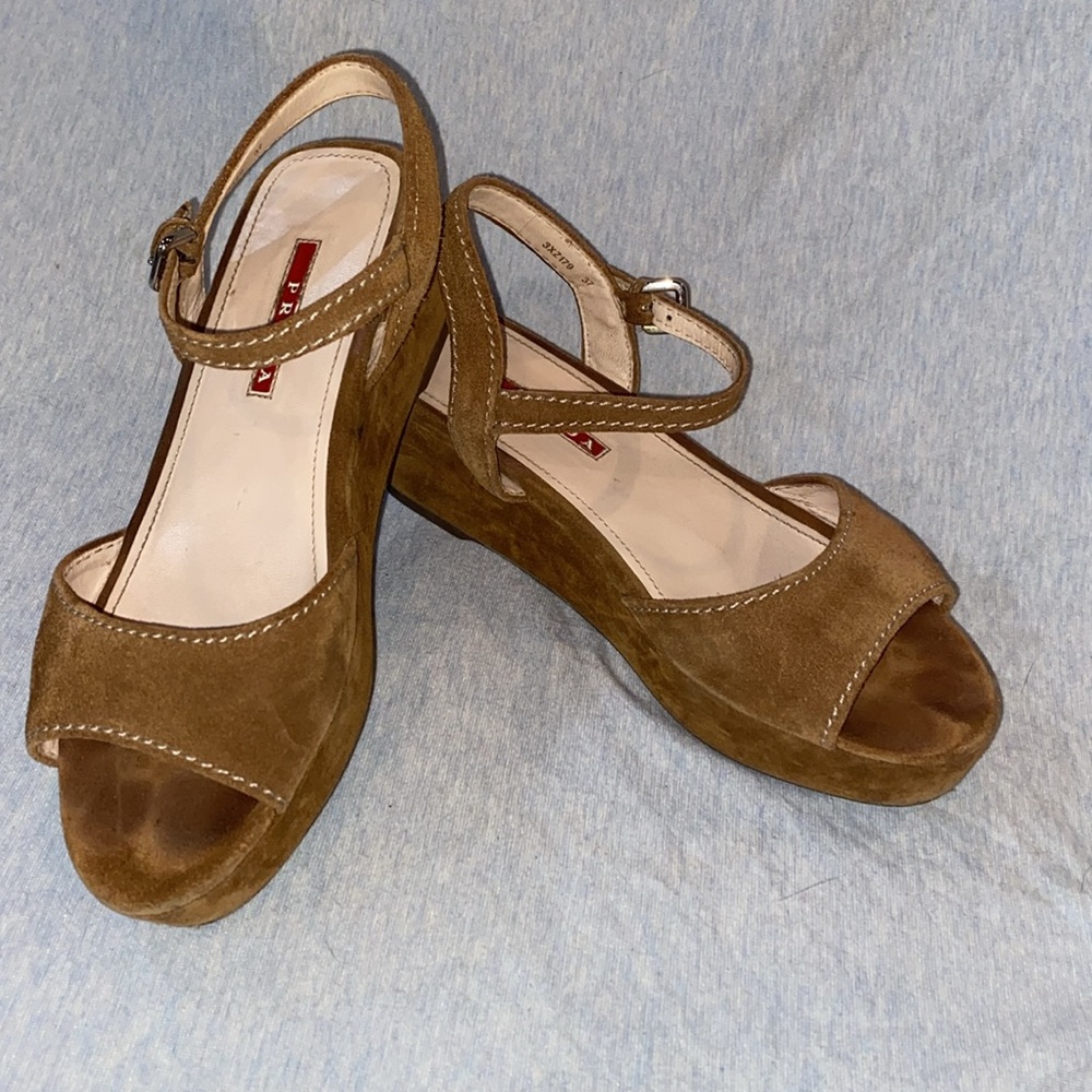 Prada brown suede platform sandals w adjustable ankle strap VGUC EU 37